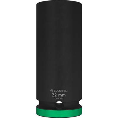 Eine schwarze Stecknuss von Bosch Pro, Größe '22 mm', mit grünem Ring an der Unterseite, für CrMo BV2 Schraubarbeiten geeignet.