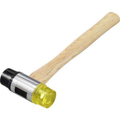 Ein Hammer mit gelbem Gummikopf und Holzstiel, verwendet zum sanften Schlagen ohne Beschädigung der Oberfläche.
