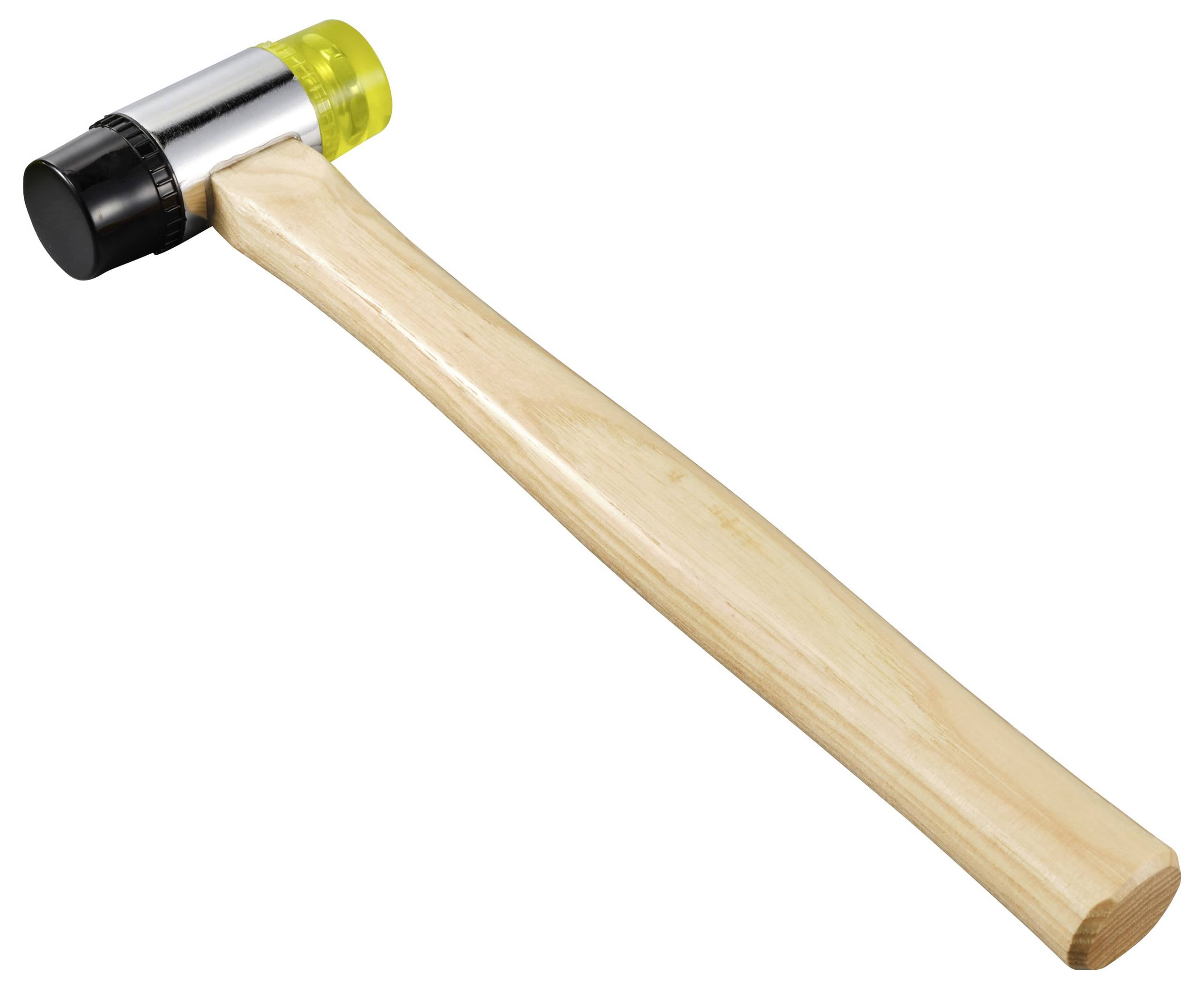 Ein Hammer mit hellem Holzgriff und doppelseitigem Kopf: eine gelbe Kunststoffseite und eine schwarze Gummiseite zum präzisen Arbeiten.