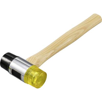 Gummihammer mit gelbem und schwarzem Kopf, hölzernem Griff.
