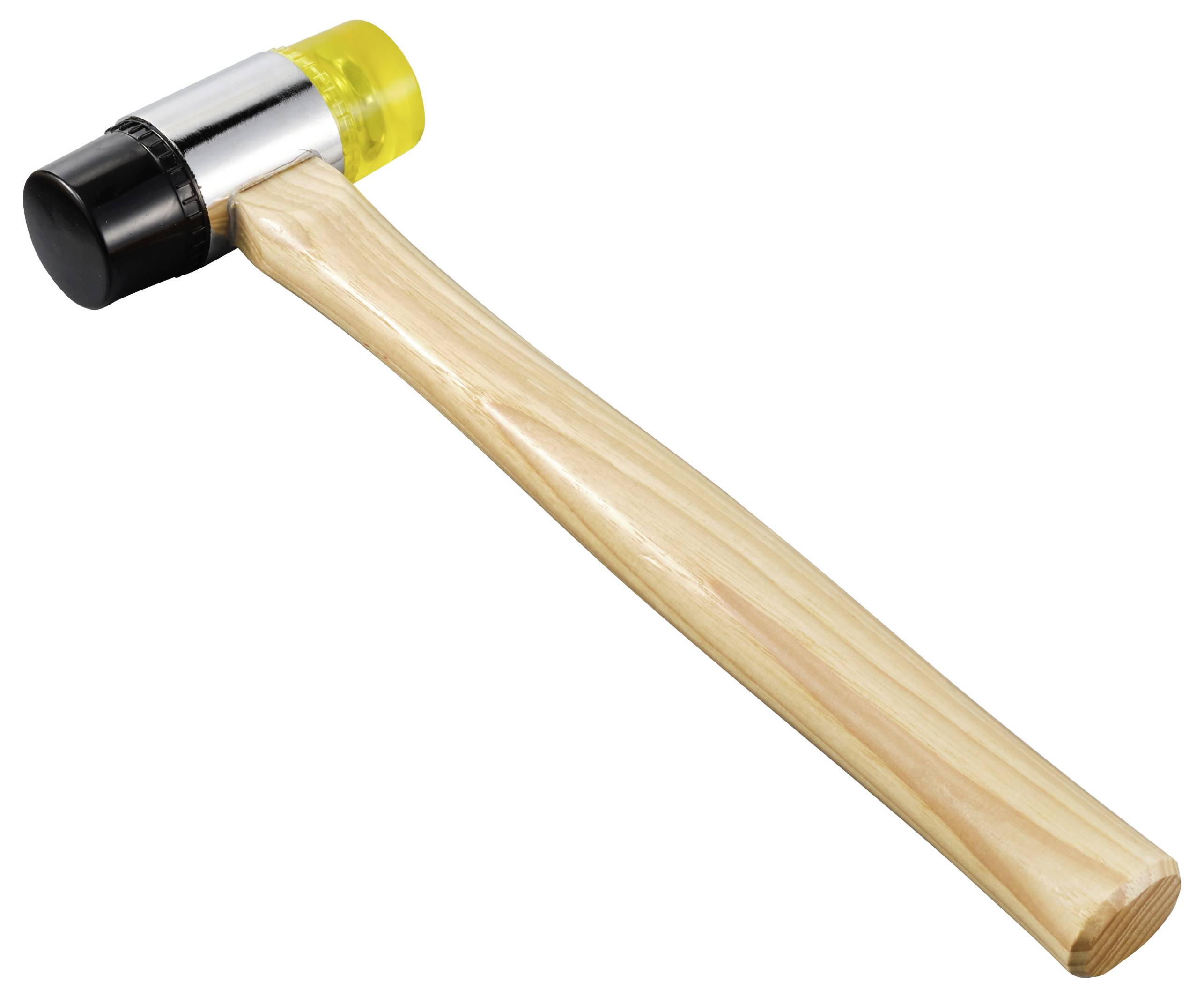 Ein gelb-schwarzer Gummihammer mit Holzgriff, oft für Arbeiten genutzt, bei denen Oberflächen schonend behandelt werden sollen.