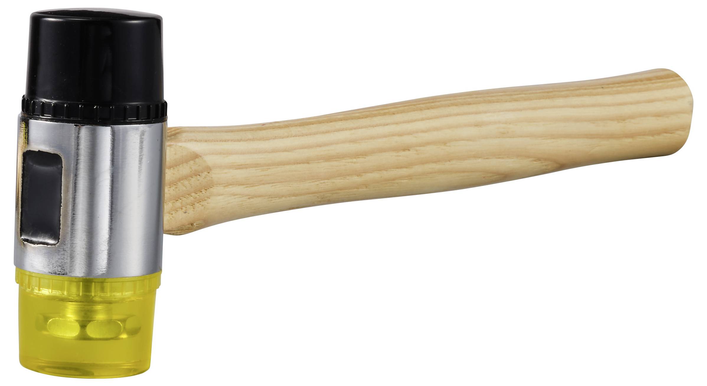 Ein Hammer mit einem Holgriff und einem zweifarbigen Kopf, schwarz und gelb. Der Kopf hat ein Metallgehäuse.