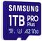 'Samsung 1TB PRO Plus' Speicherkarte mit blauem Design. Kapazität: 1 Terabyte, Typ: MicroSD, Klassen: U3, A2, V30.