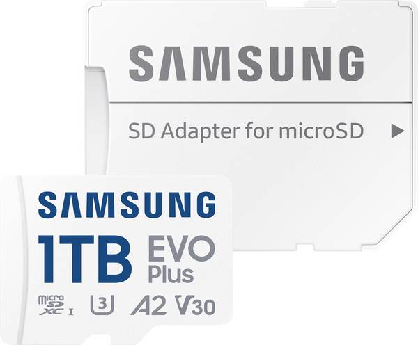 Samsung microSD Card EVO Plus microSD-Karte Retail 1 TB A2 Application Performance Class, v30 Video Speed Class, UHS-Class 3, Class 10 Wasserdicht, inkl. SD-Adapter