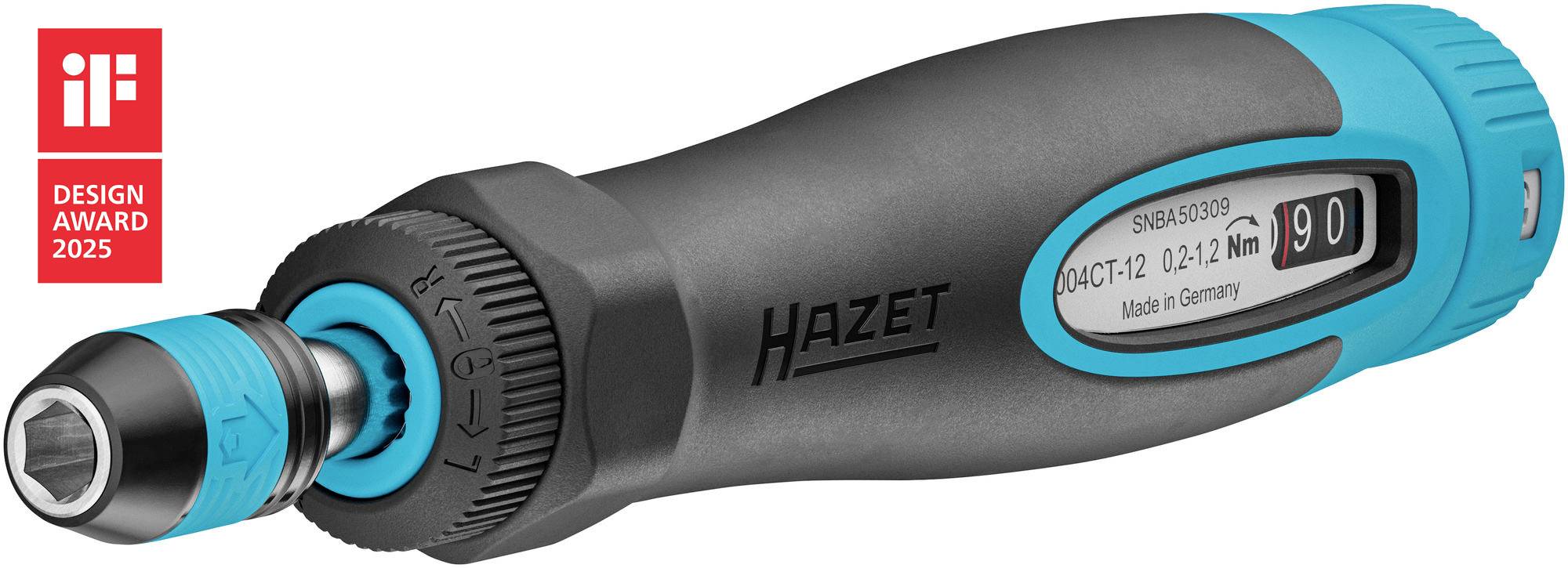 Drehmomentschlüssel mit blau-schwarzem Griff. Anzeige von 2-12 Nm. 'Made in Germany'. Gewinner des iF Design Award 2025.