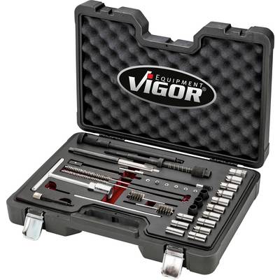 Ein offener Werkzeugkoffer mit verschiedenen Werkzeugen und Zubehörteilen. Das Logo 'Vigor Equipment' ist im Deckel sichtbar.