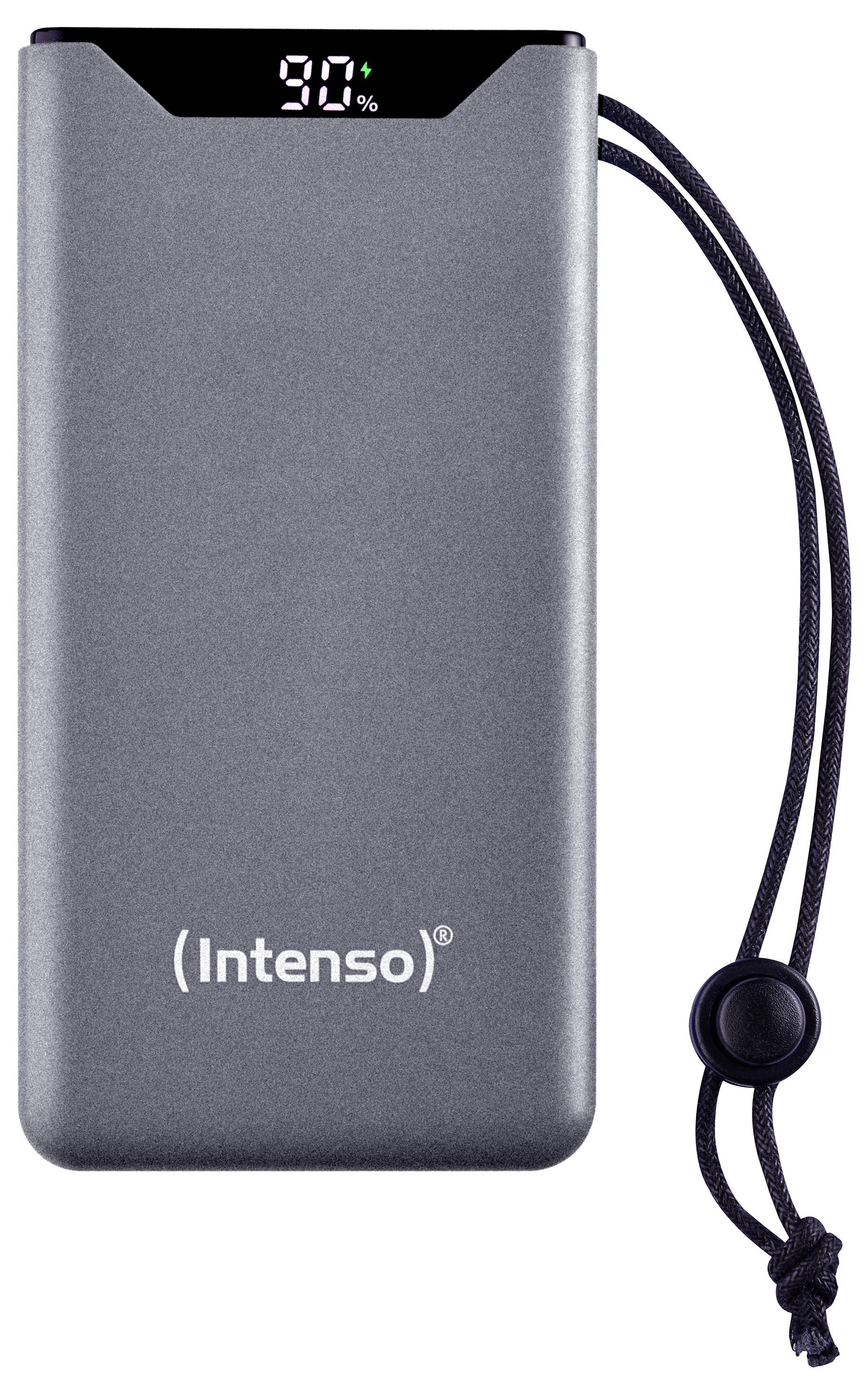 Graue Powerbank der Marke Intenso mit einem digitalen Display, das '90%' anzeigt. Eine Schlaufe ist an der Seite befestigt.