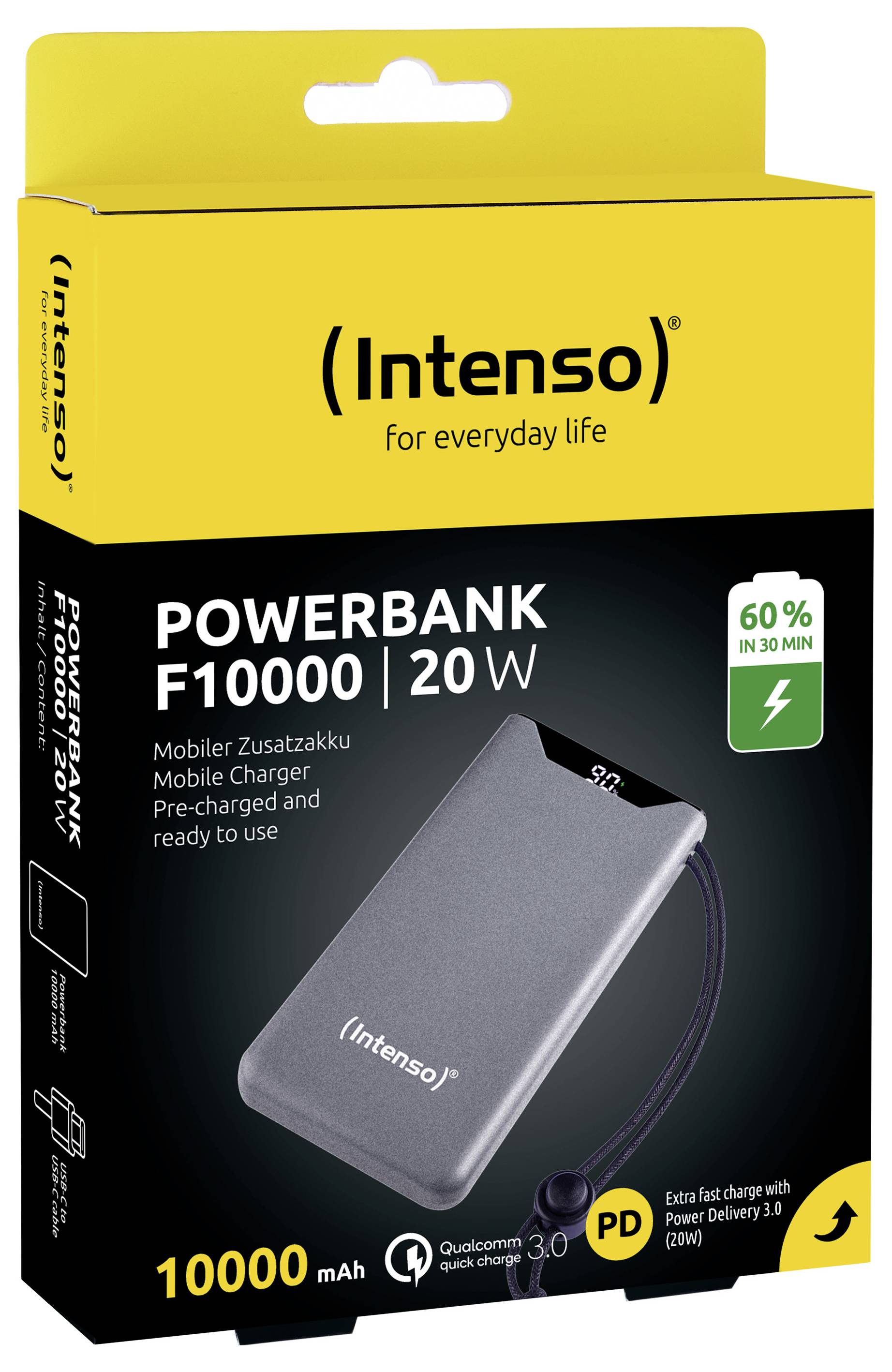 'Intenso Powerbank F10000' Verpackung zeigt Produktbild, 20 W USB-C mit Schnellladefunktion, 60% in 30 Minuten, 10000 mAh Kapazität.