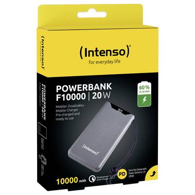 'Intenso Powerbank F10000' Verpackung zeigt Produktbild, 20 W USB-C mit Schnellladefunktion, 60% in 30 Minuten, 10000 mAh Kapazität.