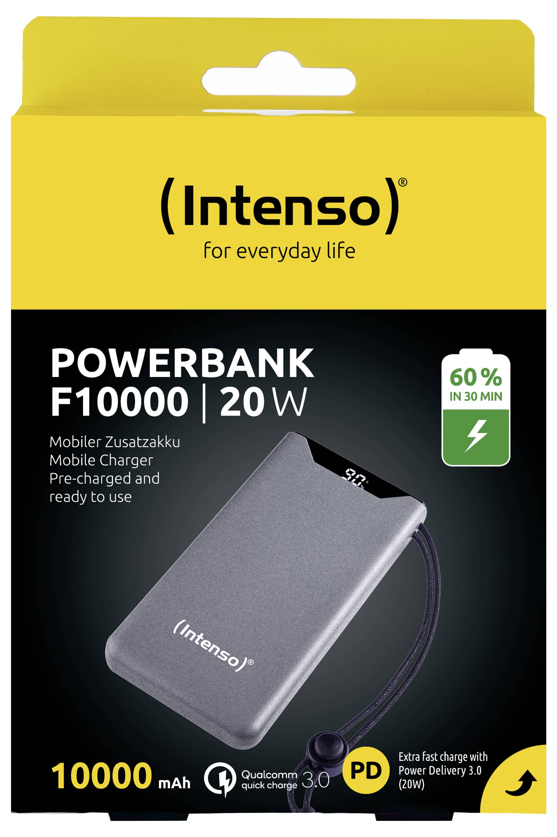 Powerbank-Verpackung: 'Intenso' Powerbank F10000, 20W. Kapazität 10000 mAh, 60% Ladung in 30 Min. Kompatibel mit Power Delivery und Quick Charge.
