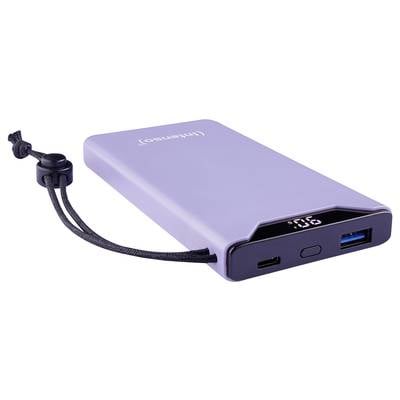 Lila Powerbank mit USB-Anschlüssen an der Seite, einer LED-Anzeige auf der Oberseite und einem kurzen schwarzen Umhängeband.
