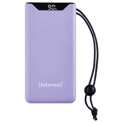 Eine lilafarbene Powerbank von 'Intenso' mit digitaler Anzeige zeigt 90% Ladezustand an. Sie hat eine schwarze Kordel zur Befestigung.