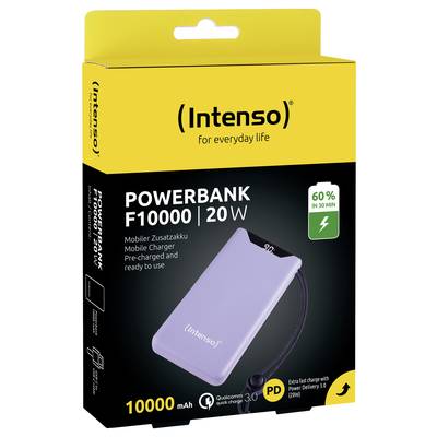 'Intenso Powerbank F10000 | 20W' Verpackung. Zeigt eine lila Powerbank mit schnellem Aufladen, Kapazität 10000 mAh, 60% in 30 Min.
