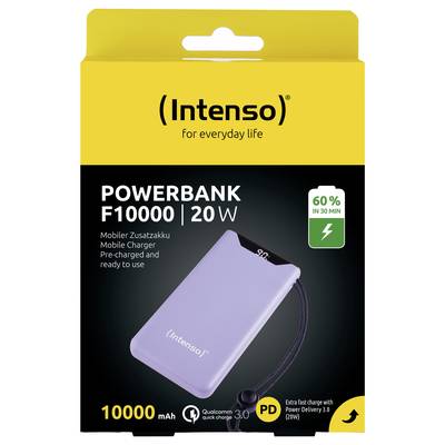 'Intenso Powerbank F10000 | 20 W' Verpackung: Graue Powerbank, 10000 mAh, 20 W, PD 3.0. Voraufgeladen, 60 % in 30 Minuten geladen.