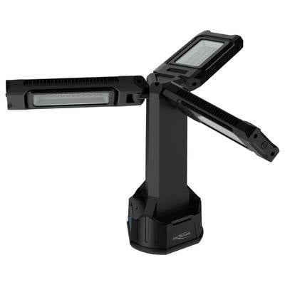 Schwarze, dreifach klappbare LED-Arbeitsleuchte in verschiedenen Positionen, mit robustem Design und verstellbaren Armen.