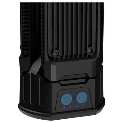 Schwarzes elektrisches Gerät mit zwei blauen Tasten an der Vorderseite; eine zeigt ein Sonnensymbol, die andere ein Ein/Aus-Symbol.