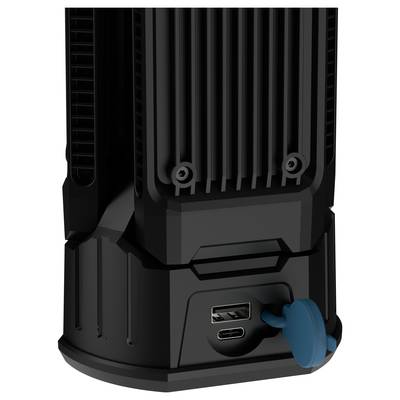 Schwarzes elektronisches Gerät mit geriffelter Oberfläche und zwei USB-Anschlüssen an der Unterseite, einer blau verschlossen.
