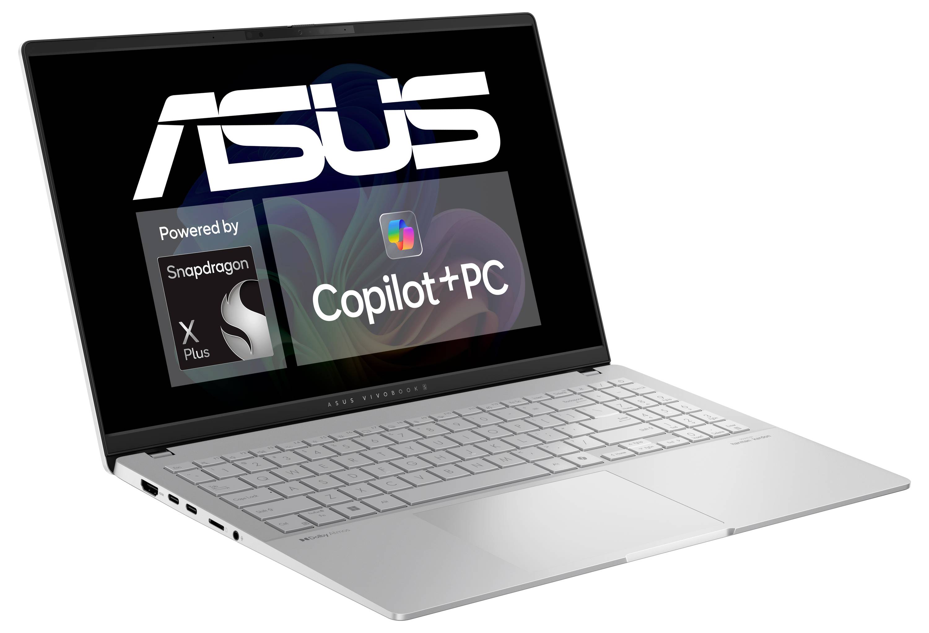 Ein silberner ASUS-Laptop mit geöffnetem Bildschirm. Auf dem Display steht 'Copilot + PC', daneben das Snapdragon-Logo.