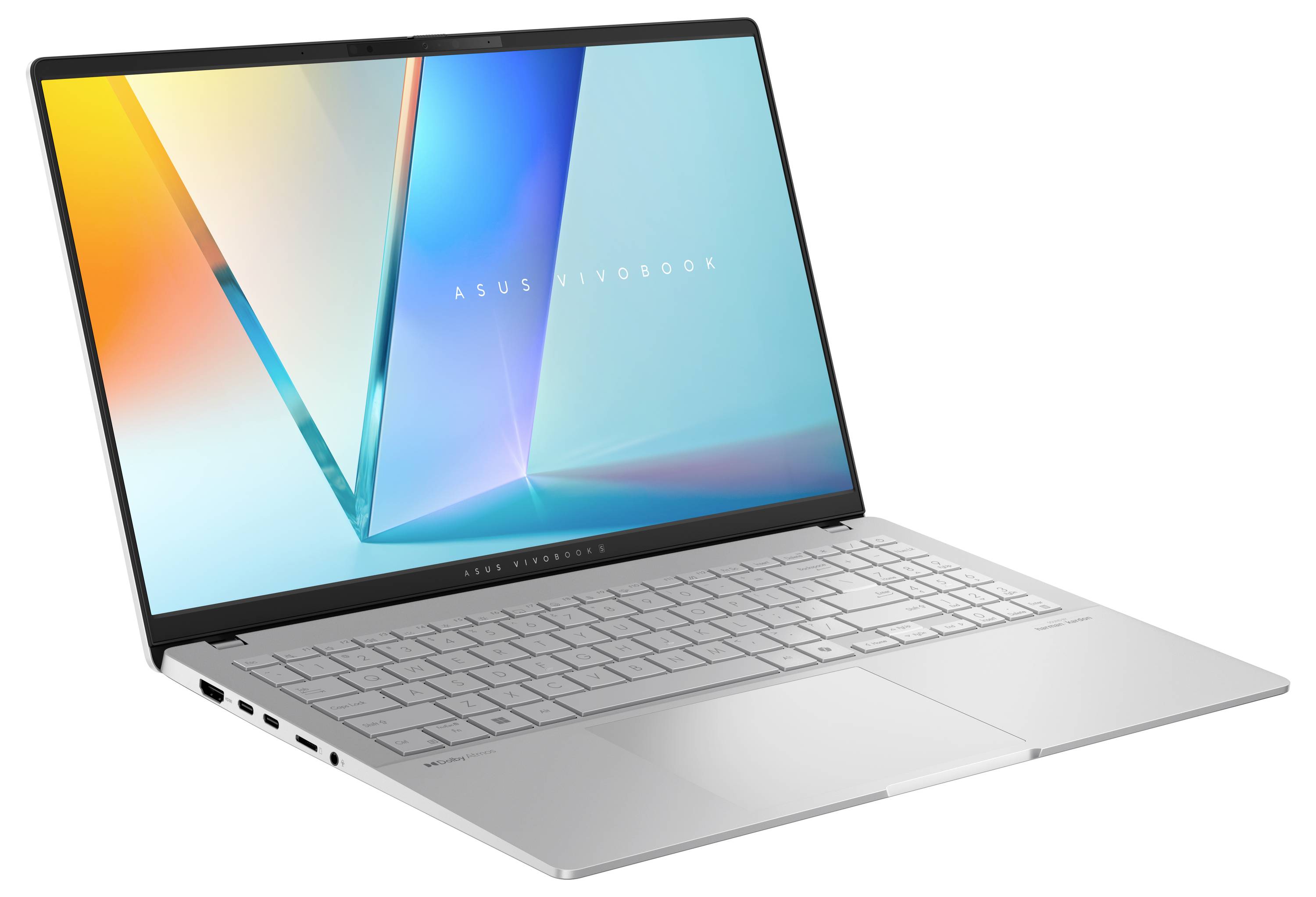 Ein silberner Laptop mit farbigem Bildschirm zeigt das Logo 'ASUS Vivobook'. Hintergrund in Blau- und Orangetönen.