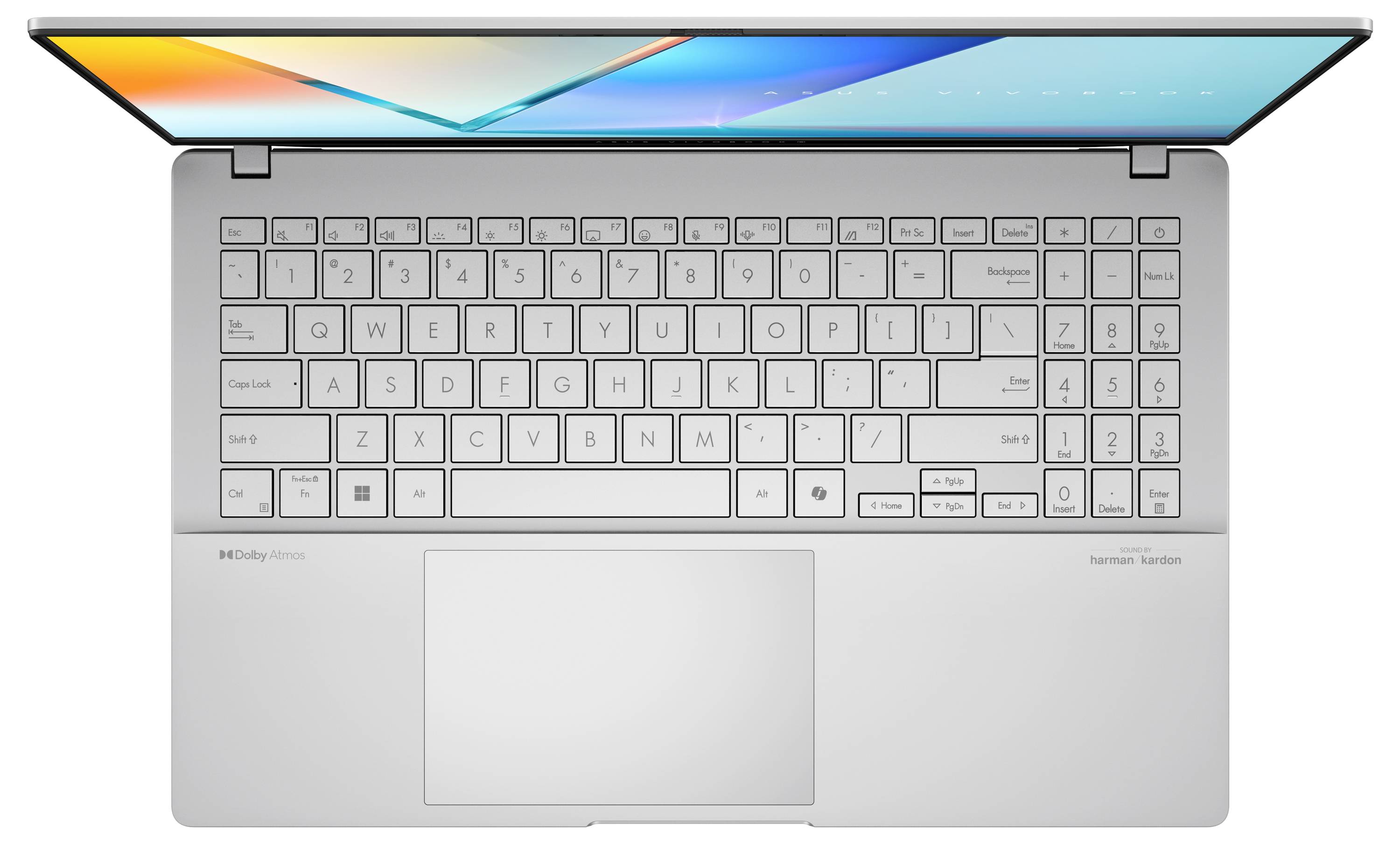 Silberner Laptop von oben mit QWERTZ-Tastatur und großem Trackpad. Buntes Display, leicht geöffnet.