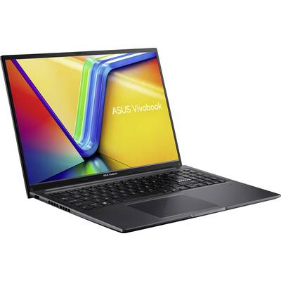 Laptop von ASUS, Modell 'Vivobook', mit farbenfrohem Bildschirm, schwarzer Tastatur und schmalem Gehäuserand, von links gesehen.
