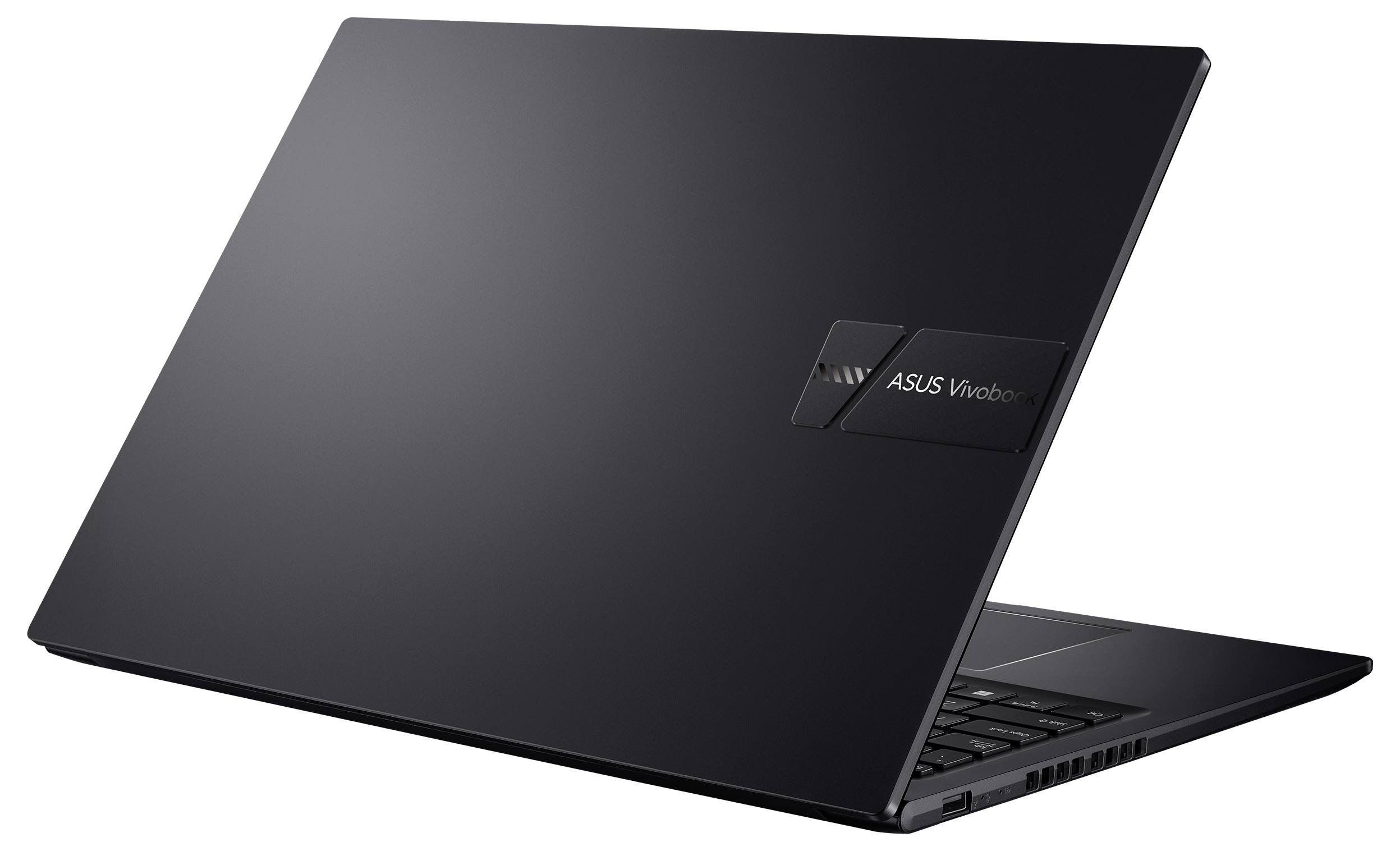 Ein schwarzer Laptop mit geschlossenem Deckel, zeigt das Asus Vivobook-Logo auf der Rückseite.