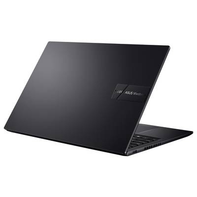 Ein schwarzer Laptop mit geschlossenem Deckel, zeigt das Asus Vivobook-Logo auf der Rückseite.