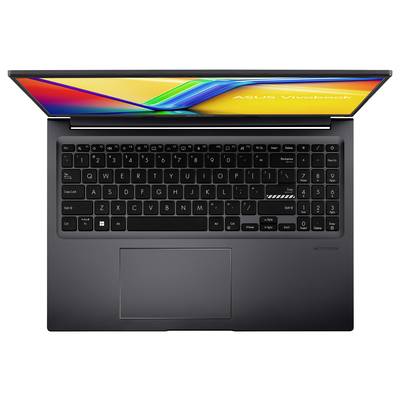 'ASUS VivoBook-Laptop mit geöffneter Tastaturansicht. Schwarze Tastatur mit Touchpad unten. Bildschirm zeigt bunte Farben.'