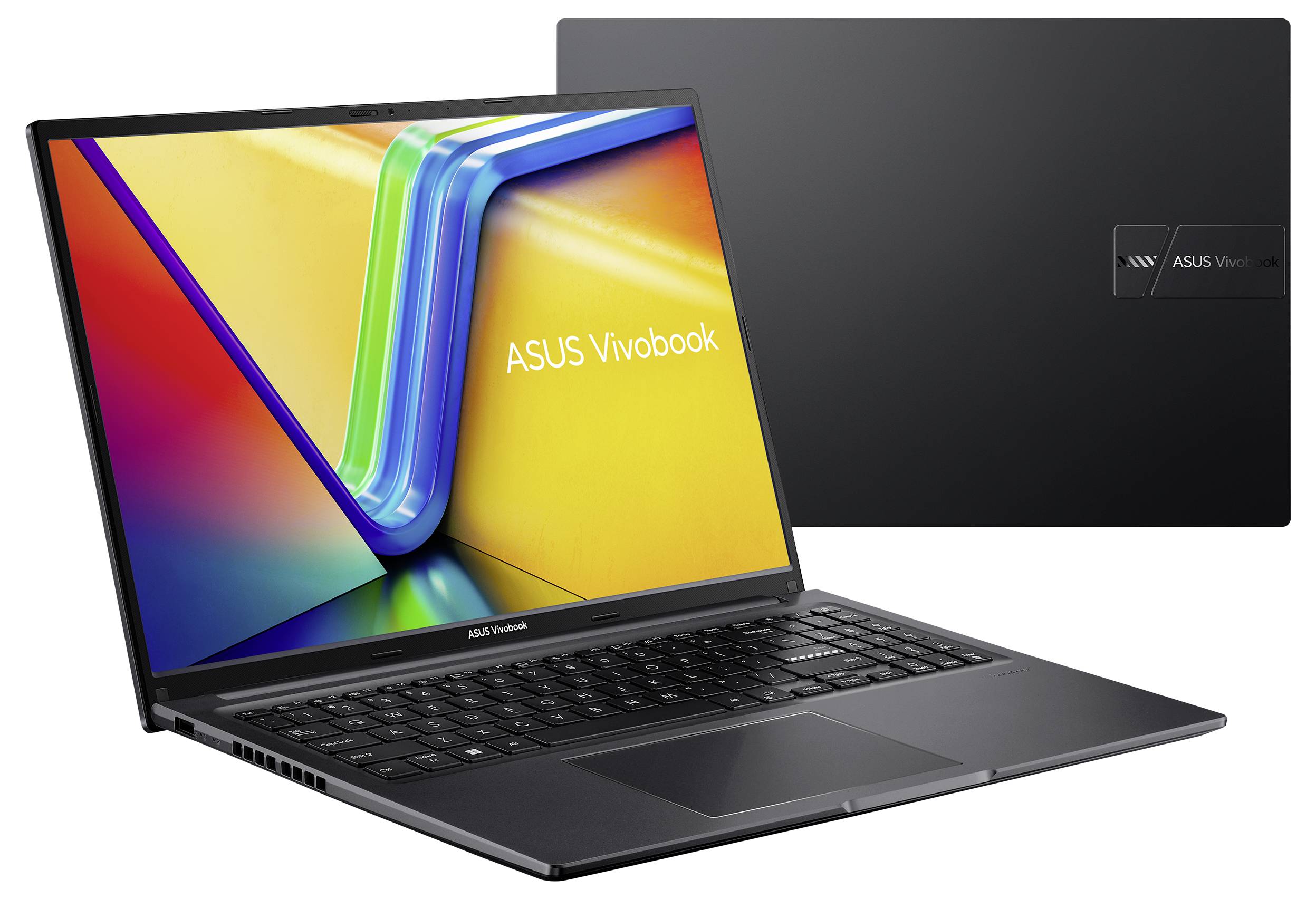Ein schwarz-silbernes Laptop mit offenem Bildschirm, das 'ASUS Vivobook' anzeigt. Neben dem Laptop ist die geschlossene Rückseite sichtbar.