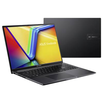 Ein schwarz-silbernes Laptop mit offenem Bildschirm, das 'ASUS Vivobook' anzeigt. Neben dem Laptop ist die geschlossene Rückseite sichtbar.