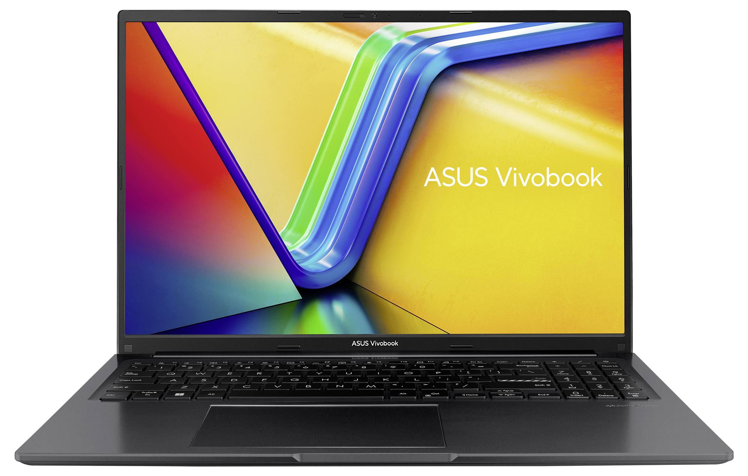 Ein ASUS Vivobook-Laptop mit offenem Bildschirm zeigt ein farbenfrohes, abstraktes Hintergrundbild.