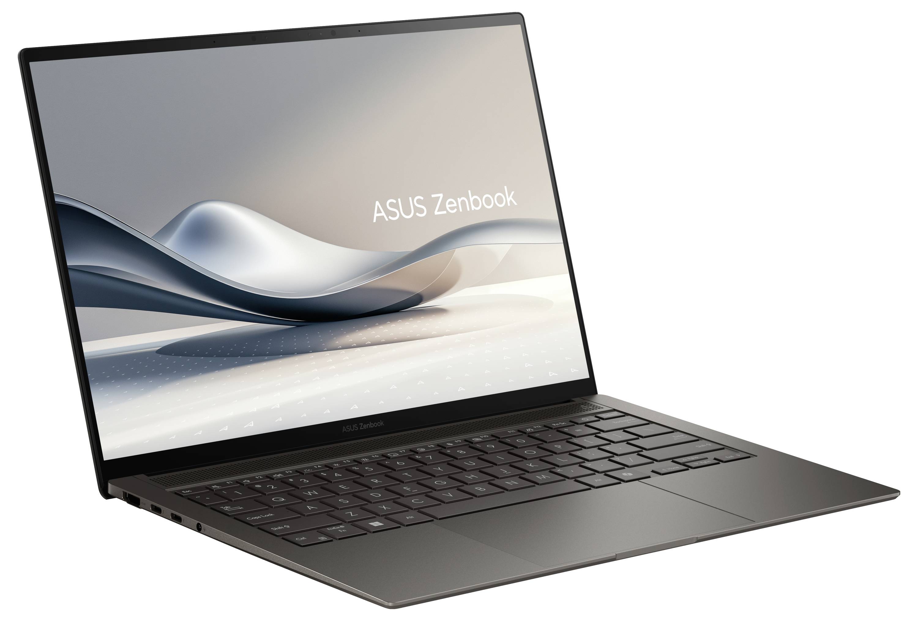 Ein ASUS Zenbook Laptop in seitlicher Ansicht, geöffnet mit einer Landschaftsgrafik auf dem Bildschirm. Stilvolles, schlankes Design.