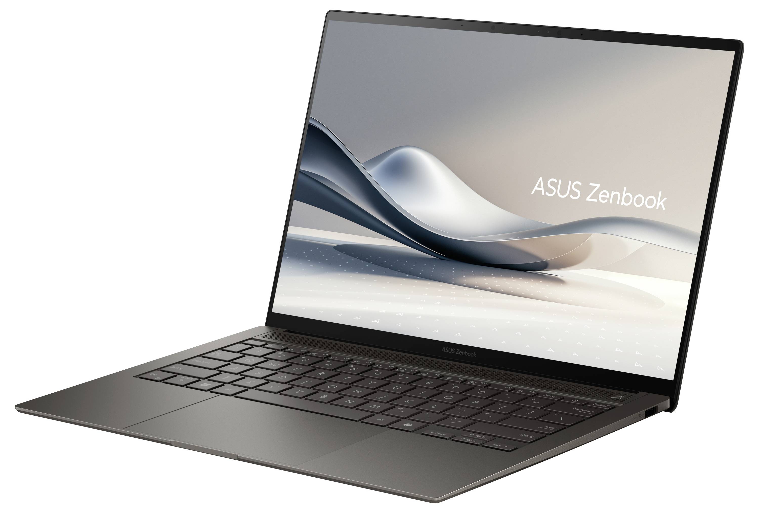 Ein Asus Zenbook Laptop mit offenem Bildschirm, auf dem das Zenbook-Logo angezeigt wird. Elegantes, modernes Design in Grau.