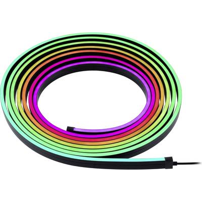 Ein dünner, mehrfarbiger LED-Streifen, der spiralförmig aufgerollt ist und in verschiedenen Farben leuchtet.