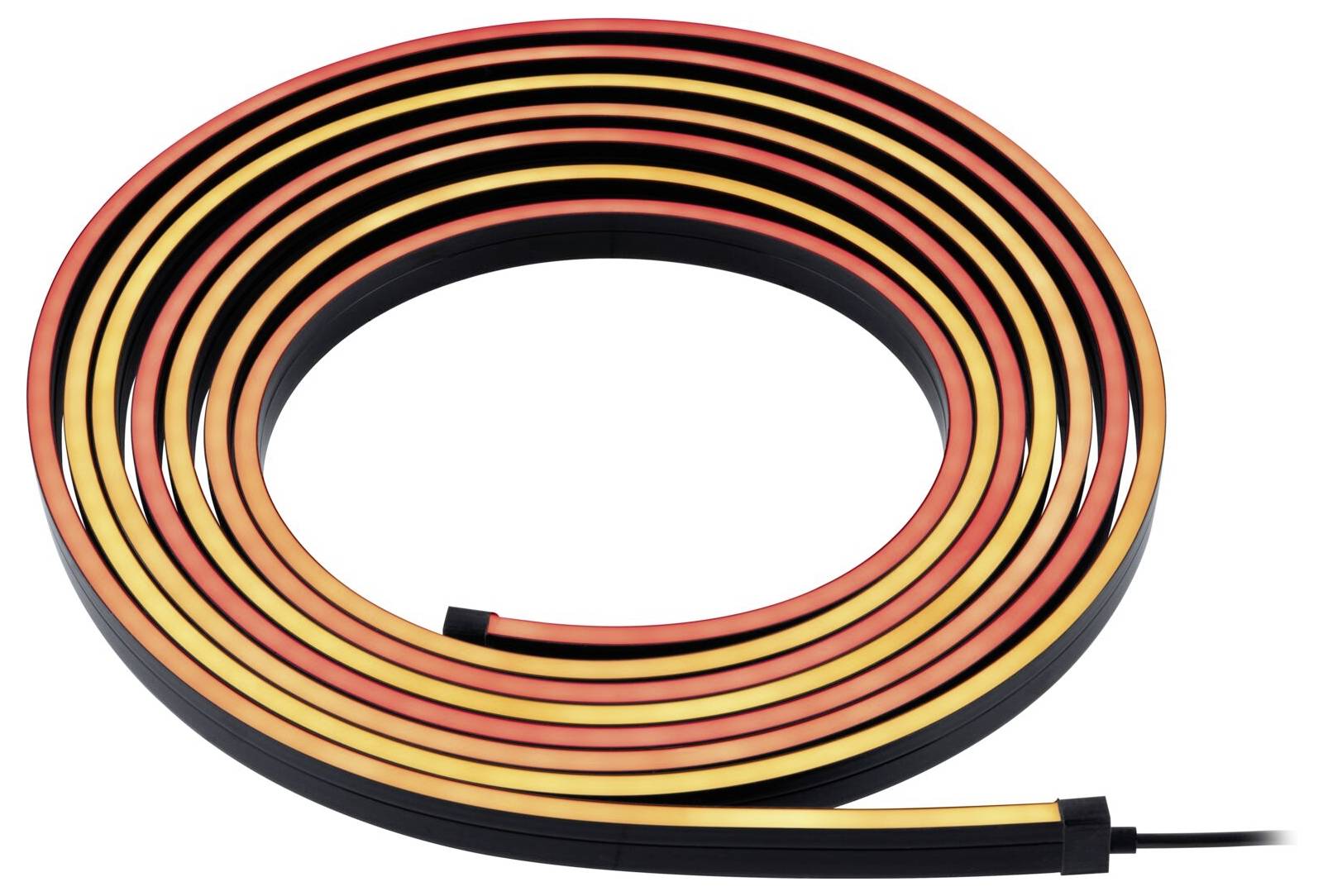 Ein aufgerolltes LED-Lichtband mit schwarz-roten Streifen, das ein spiralförmiges Muster bildet.