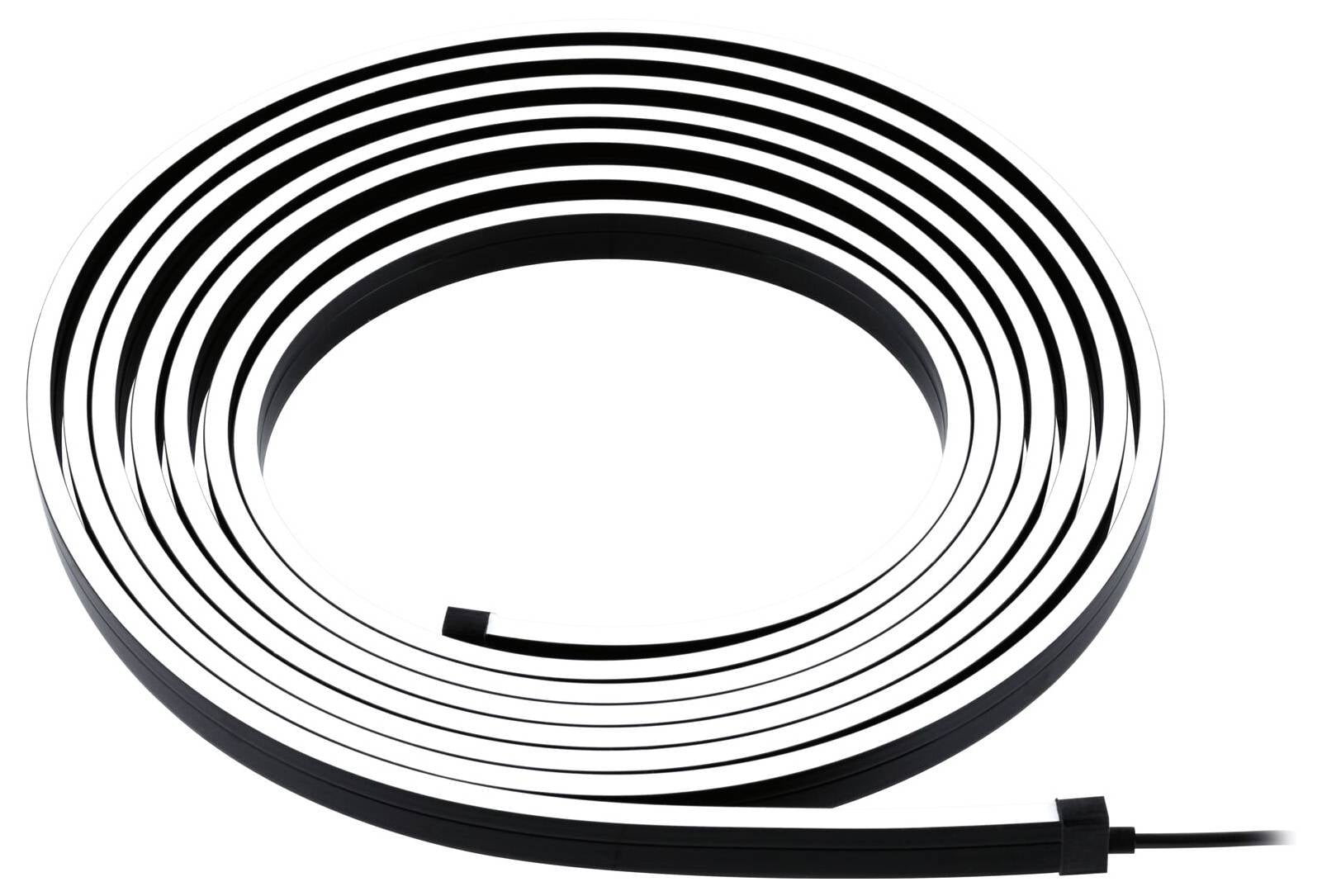 Eine aufgerollte schwarze Kabel- oder Kunststoffschiene liegt flach auf einer weißen Oberfläche und bildet mehrere konzentrische Kreise.