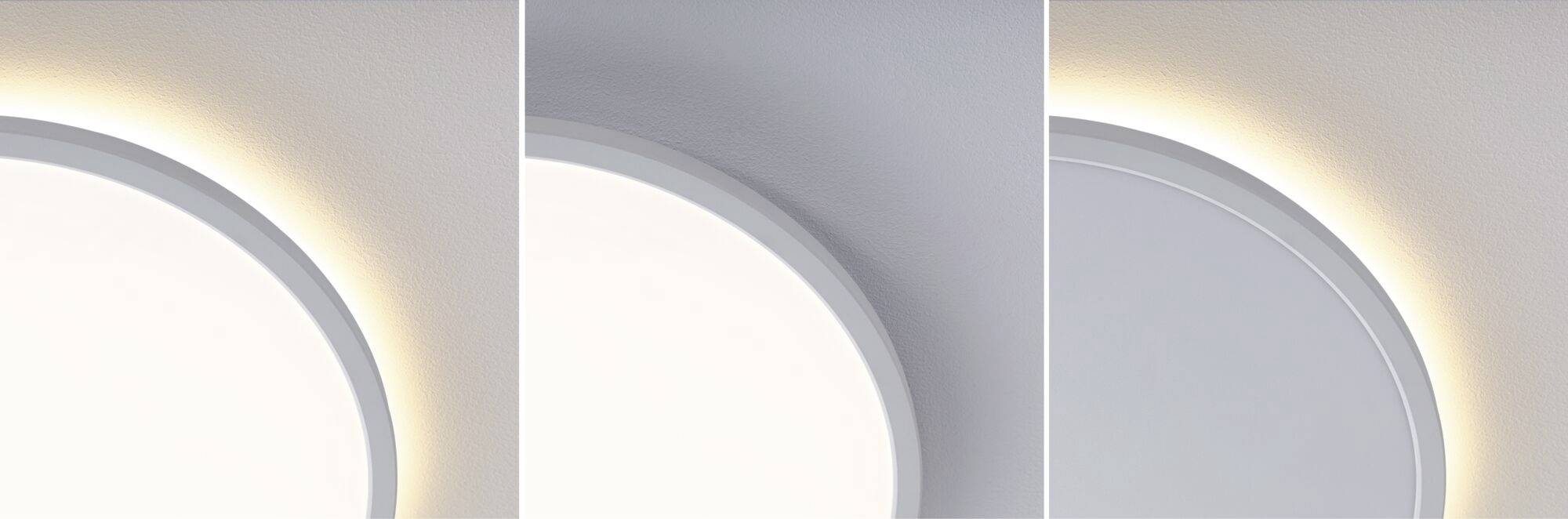 Drei runde LED-Leuchten mit unterschiedlicher Farbtemperatur: warmweiß, neutralweiß und kaltweiß. Alle montiert an weißen Decken.
