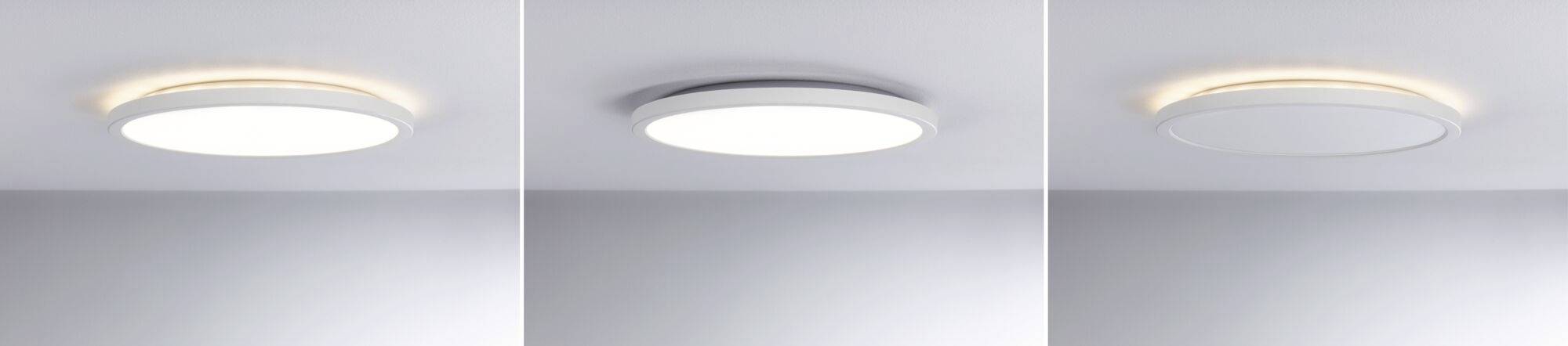Drei LED-Deckenleuchten mit verschiedenen Lichteffekten: warm, neutral, kühl. Alle auf weißer Decke montiert.