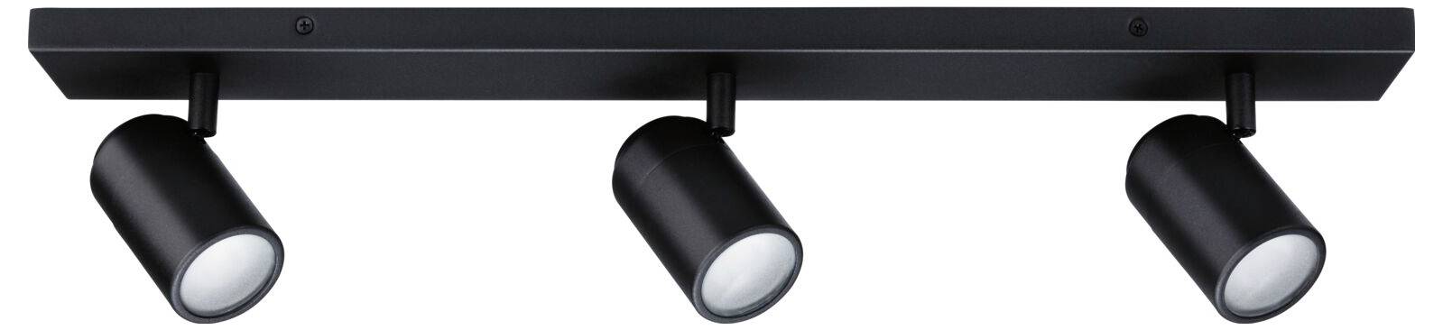 Eine schwarze Deckenlampe mit drei individuell ausrichtbaren zylindrischen Strahlern, die modernes Design verkörpert.