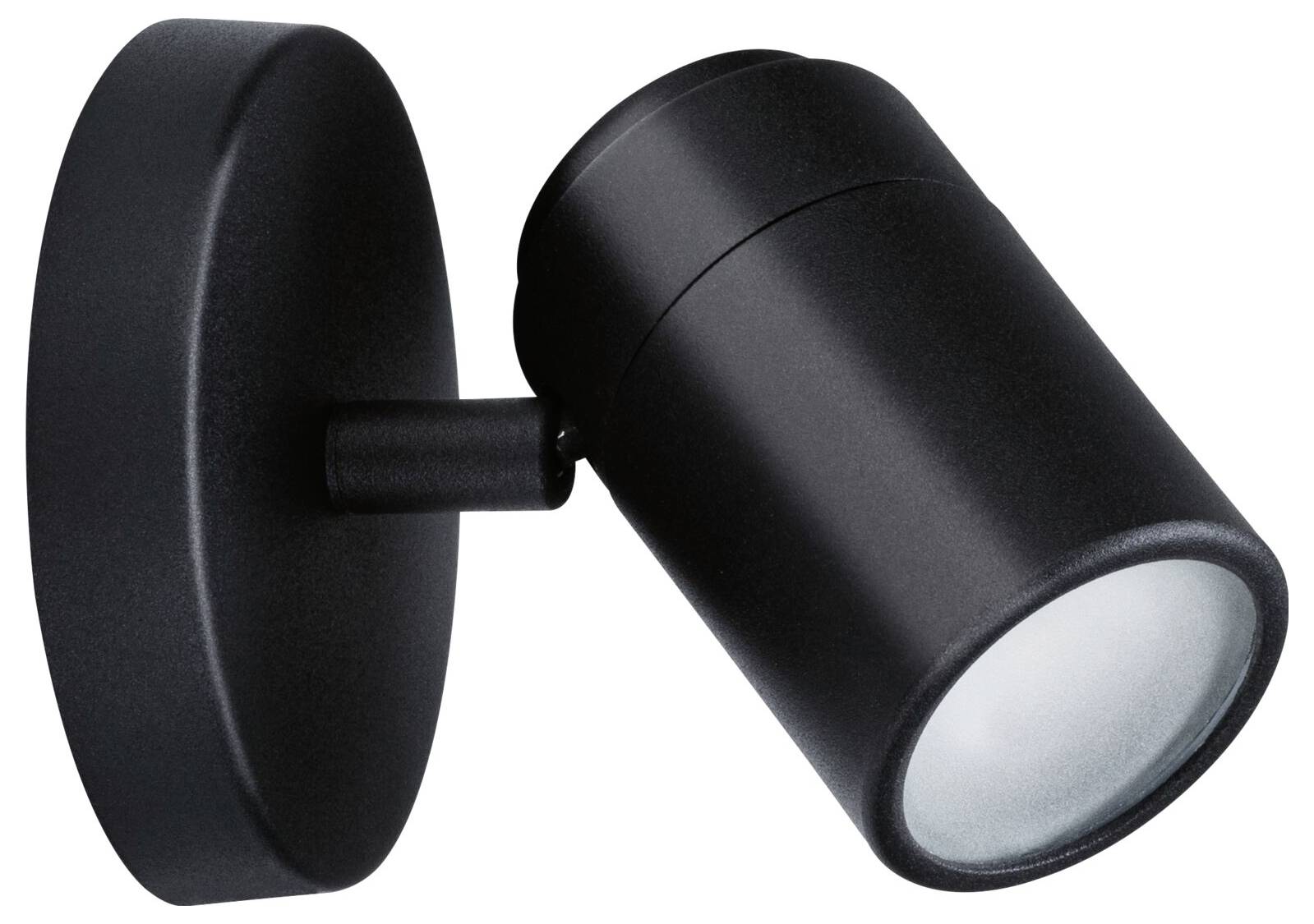Schwarze Wandleuchte mit rundem Sockel und zylindrischem, schwenkbarem Lampenschirm, modernes Design.