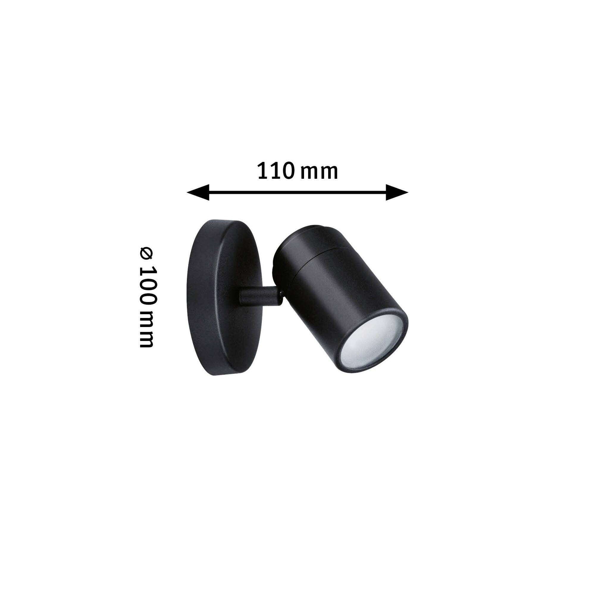 Schwarzer LED-Spot an der Wandhalterung, Ausladung 110 mm, Durchmesser 100 mm. Energieeffiziente Beleuchtungslösung.