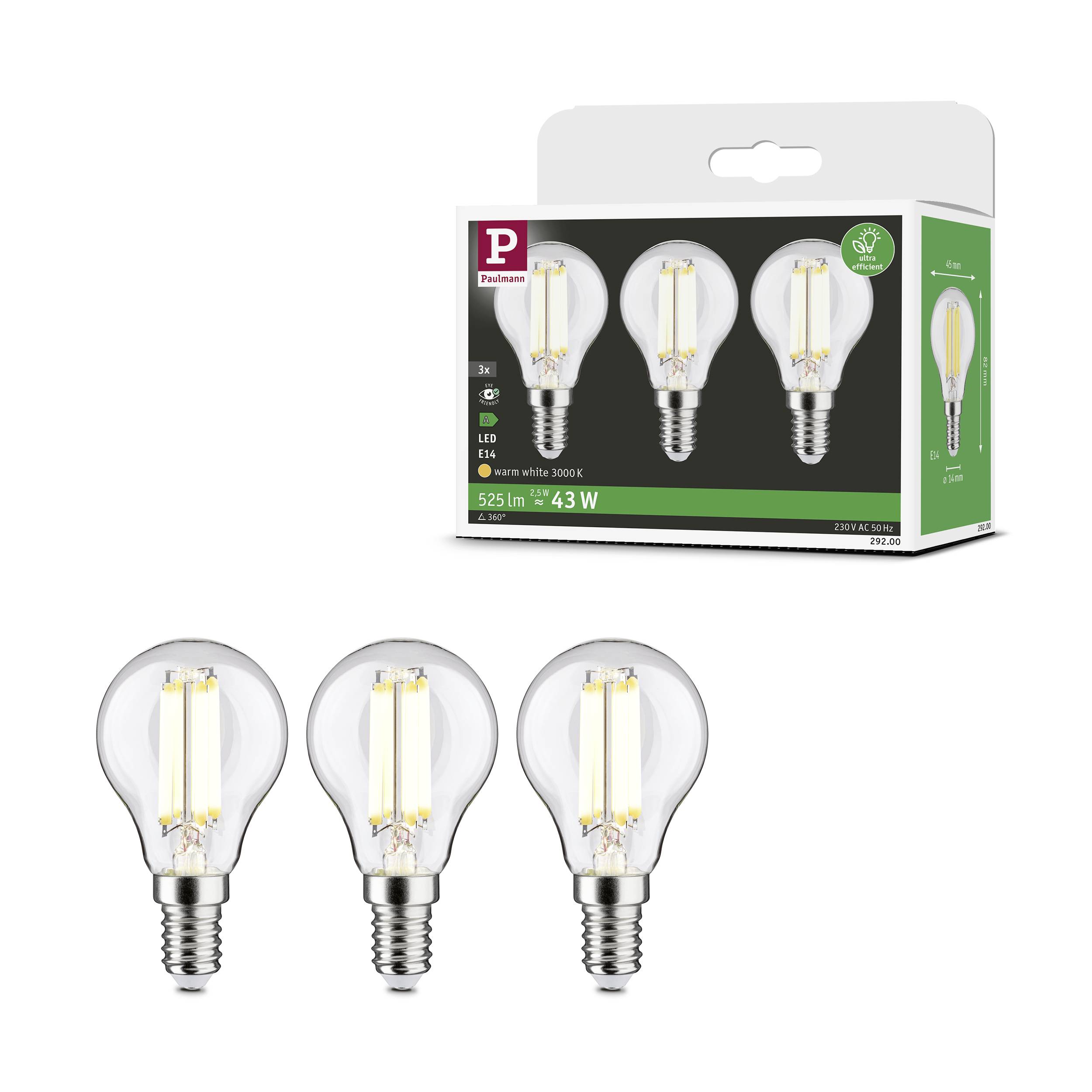'Drei LED-Glühbirnen mit E14-Sockel, 525 Lumen, 43 Watt ersetzt 55 Watt. Die Verpackung zeigt Energieeffizienz und warmes Licht.'