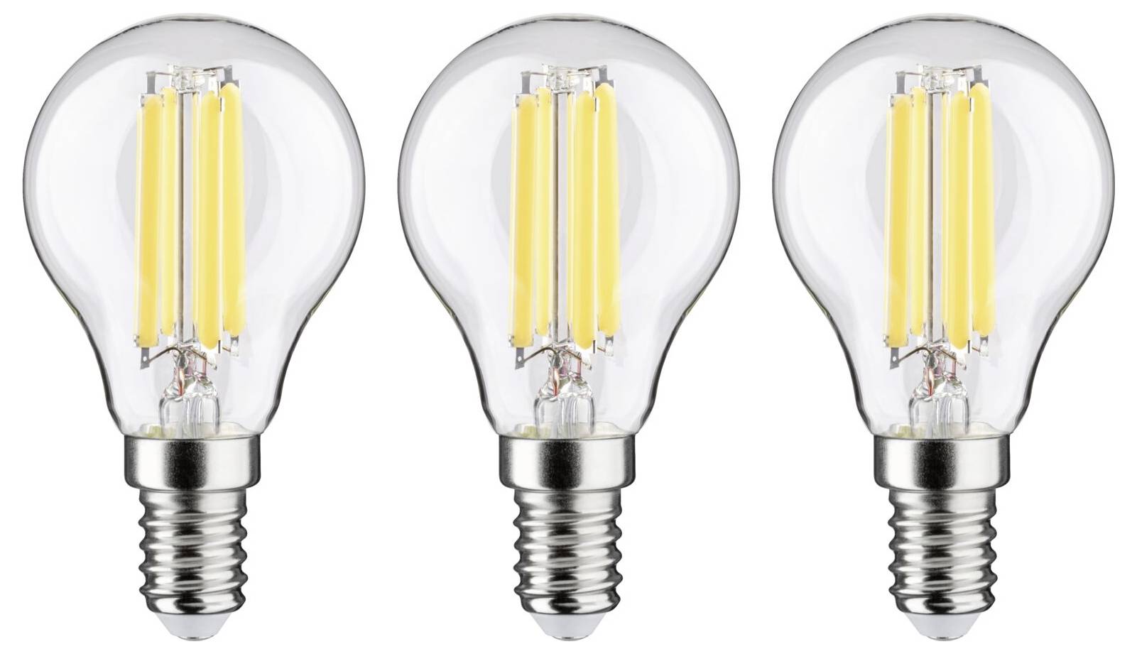 Drei LED-Glühbirnen nebeneinander, jeweils mit einer transparenten Glasoberfläche und sichtbaren Filamenten.