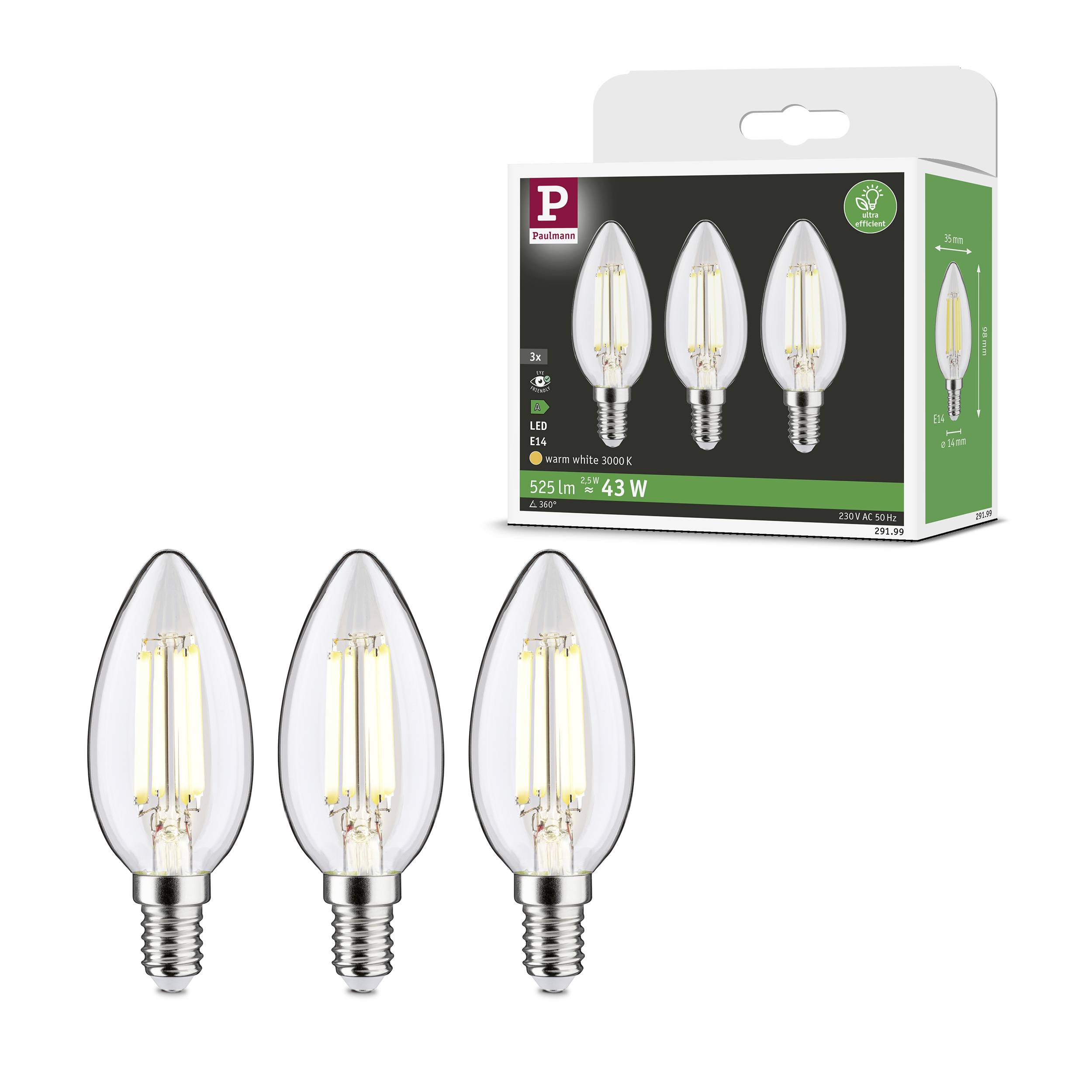 Drei LED-Kerzenlampen mit E14-Sockel, 4W, in Verpackung. Warmweißes Licht. Energiesparend, 525 Lumen gesamt bei 43W.