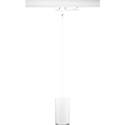 Weiße, zylindrische Hängelampe mit langem, dünnem Kabel; minimalistisch designt, von einer Schiene an der Decke abhängend.