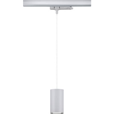 Eine moderne, zylinderförmige Hängelampe aus Metall, hängend an einem dünnen Kabel von einer Deckenhalterung.