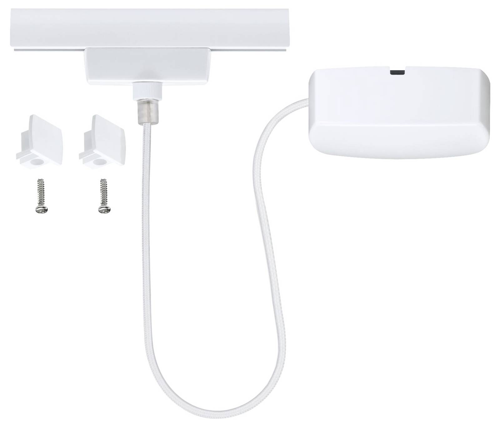 Ein weißer LED-Schrankstrahler mit Kabel, Montagematerial und einer rechteckigen Abdeckung.