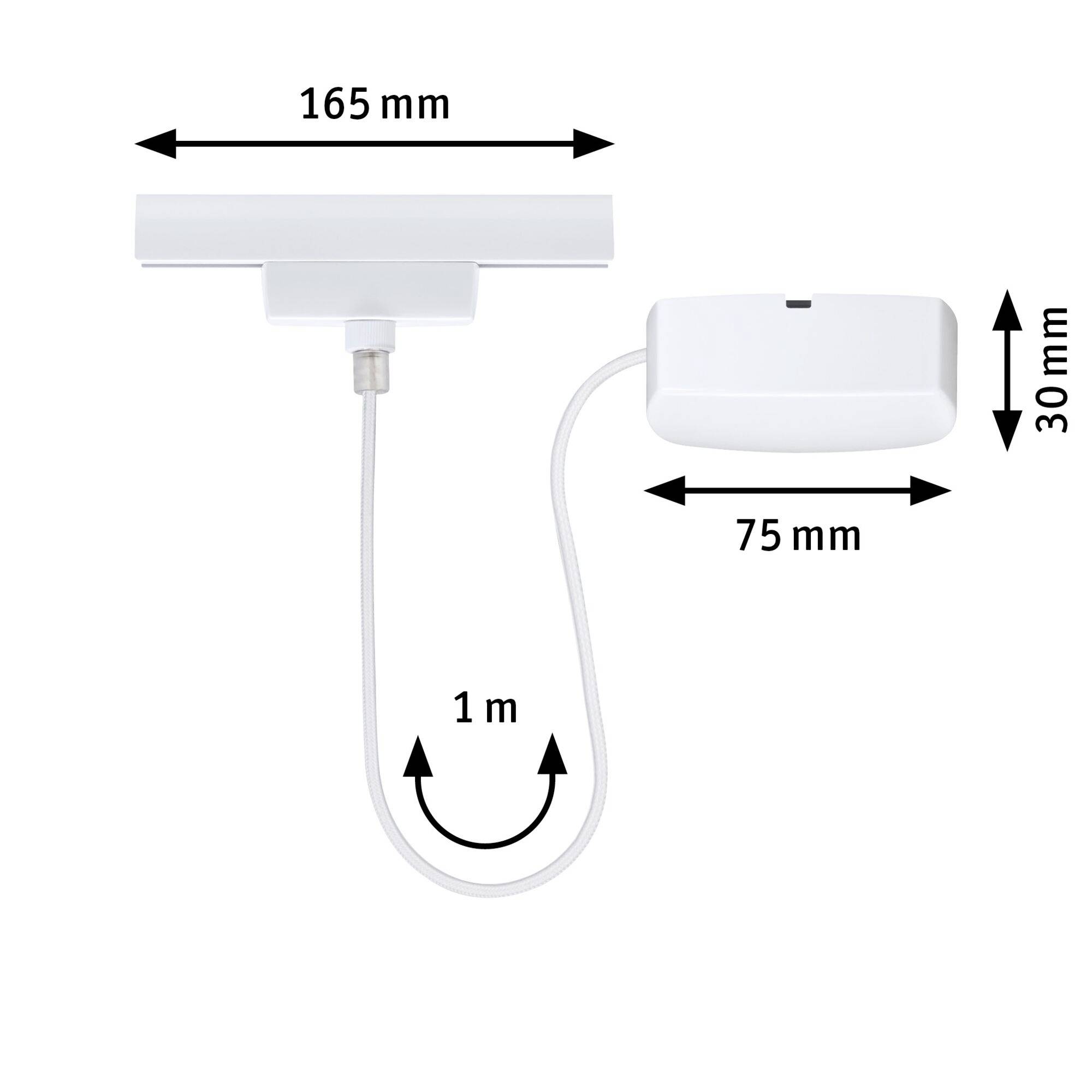 Abgebildet ist ein Sensor mit den Maßen: Oberteil 165 mm, seitlicher Teil 75 mm x 30 mm, Kabel 1 m lang.