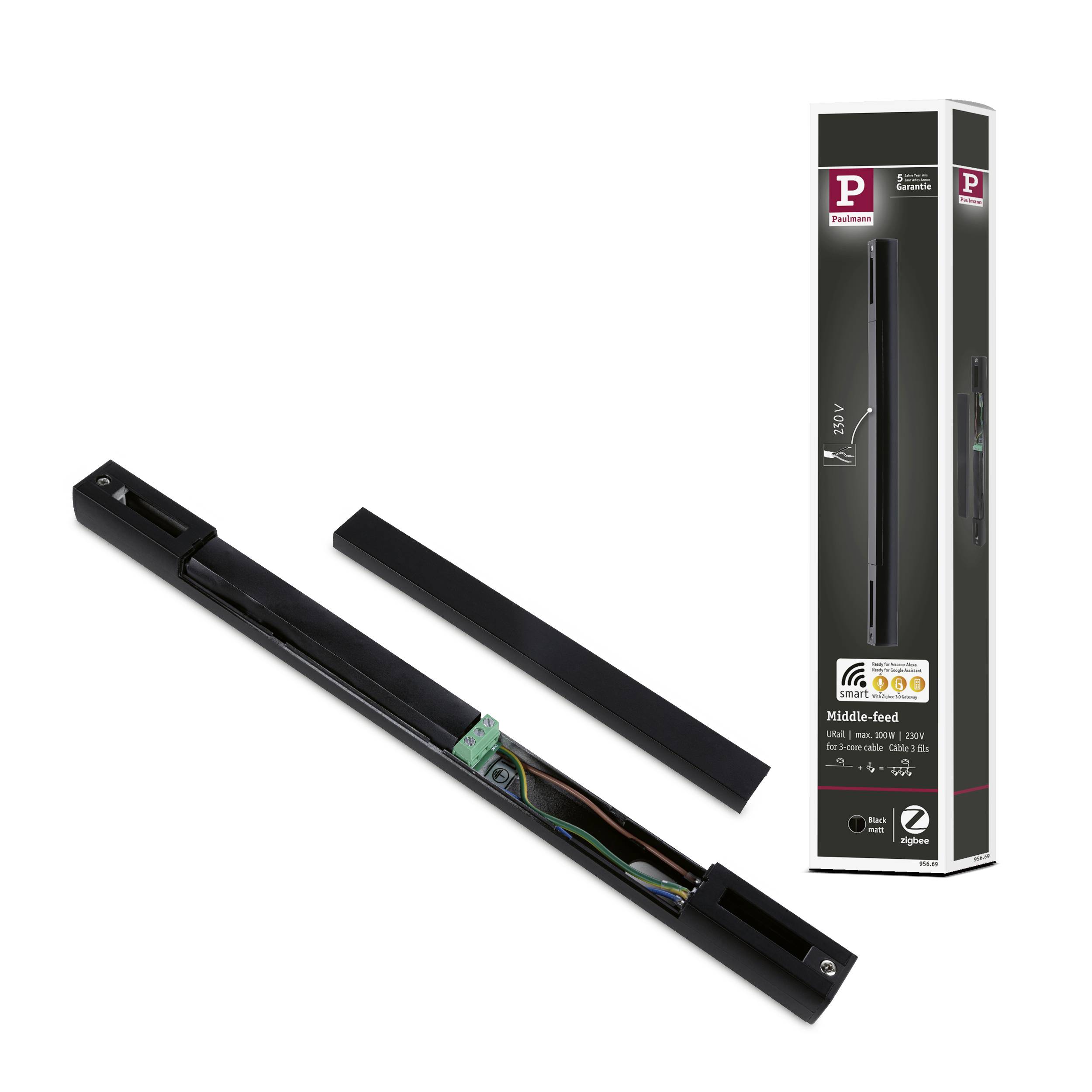 Ein elektronisches Türsystem mit Verpackung. Das System zeigt interne Komponenten und trägt das Markenlogo auf beiden Elementen.