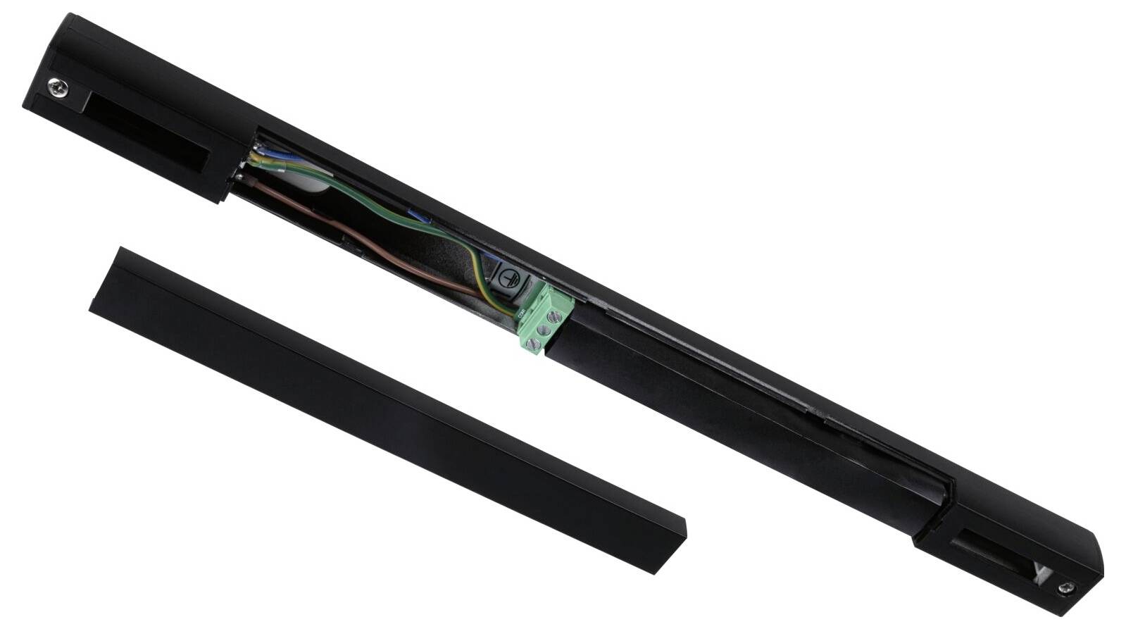 Schwarzer Metallzylinder mit offenem Fach, das Kabel und Anschlüsse zeigt; möglicherweise Teil einer elektrischen Vorrichtung.